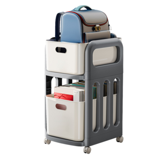 附輪多層抽屜收納櫃 客廳臥室儲物櫃 玩具零食整理架 多功能收納推車, 書包架2層灰白色