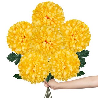 Briful [가을 인공 국화 6피스 - 65cm(25.6인치) 길이의 줄기 인조 실크 꽃 대형 15.2cm(6인치) 블룸 헤드 사실적인 플라스틱 잎 - 홈 웨딩 파티 사무, 6 Inches Flower Heads, 옐로우 6개