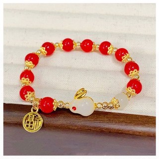 옥 토끼 장식 붉은 구슬 팔찌 행운 기원 명절 선물 재물 합격 기원 전통