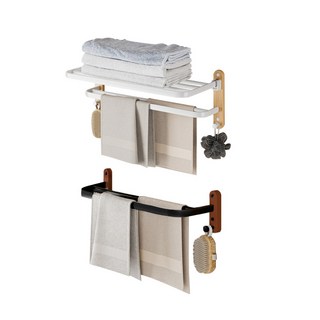 宅配 實木置物架 浴室收納架 雙桿毛巾架 胡桃木 櫸木 浴室免打孔置物架 洗手間浴巾架 壁掛置物架, 1個, 實木置物架【雙層折疊款】黑色+胡桃木