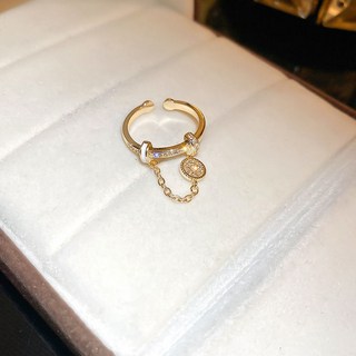 小衆鋯石鑲鑽圓形鏈條流蘇鍍真金戒指 輕奢時尚百搭開口食指戒