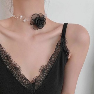 엘블랑꼬 오드리 진주 목걸이 쉬폰 코사지 초커