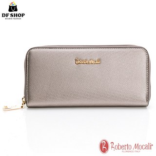 Roberto Mocali 義大利諾貝兔 亮銀色 8卡三隔層單拉鏈長夾 女夾 皮夾
