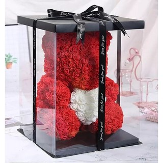 [선물케이스+LED조명 세트] 장미곰 장미 곰돌이 40cm이벤트꽃 러블리 로즈베어 장미꽃인형 프로포즈 발렌타인데이 화이트데이 특별한날 결혼 입학식 졸업식 기념일 크리스마스 선물, 하트베어:레드+화이트[화이트선물케이스+LED조명 세트]