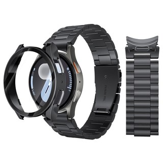 AITEWO 갤럭시워치 호환 프리미엄 메탈 밴드 스트랩 액정보호 풀커버 일체형 케이스 세트 길이조절기 포함, 1개, 블랙