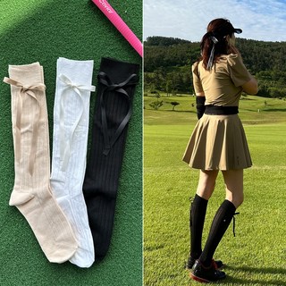 바이진주리본 옆 리본 여성 골프 무릎 반 양말 니삭스, 3. 블랙 Black, 1개