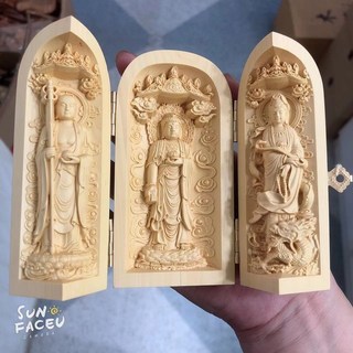【熱銷新品】黃楊木雕刻家居擺件 中式擺件 隨身佛龕 佛像 觀音 菩薩 三清三開盒 清水祖師 三寶如來 木雕佛像, 龍頭婆娑