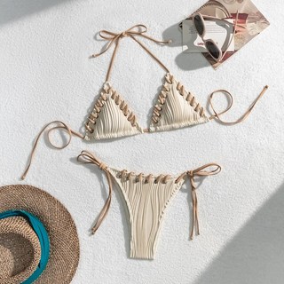 性感純色比基尼泳衣 吊帶三角褲 歐美風女士沙灘度假泳衣, 藍色,XL