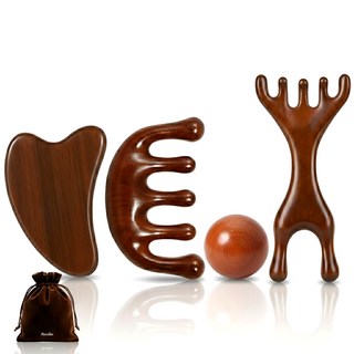 천연목 나린그루 나무 괄사 얼굴 두피 바디 마사지기 4종세트, 브라운 원목, 1세트