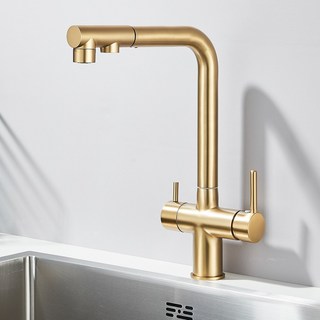 수전교체 Uythner-급수 필터 주방 수도꼭지 듀얼 핸들 데크 장착 풀아웃 믹서 탭 360 도 회전 정수 크레인, 1개, 1.Brush Gold A