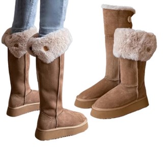 白鳥麗子 兩穿馬靴 經典純色麂皮內刷毛後鈕扣厚底高筒雪靴