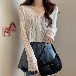 야오야오 퓨앤비 브이넥 얇은 크롭 니트 가디건