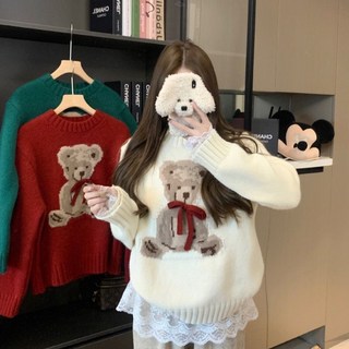 聖誕新年紅色蝴蝶結小熊提花圓領毛衣女，冬季慵懶寬鬆顯瘦針織上衣，台灣出貨
