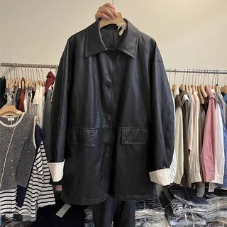 皮衣外套 男 300斤特大碼春秋美式復古寬鬆休閒設計袖口撞色翻領皮衣外套男女短版皮外套皮夾克外套加絨