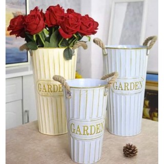 復古麻繩鐵桶盆器 鐵皮桶 乾燥花盆 花瓶 插花桶 花器 收納桶 拍照道具 居家裝飾品, 復古藍