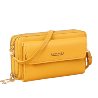 錢包 雙拉鍊錢包 大容量包 單肩包 斜背包 手機包 H022, 兩用雙層長夾, 黃色