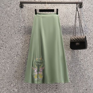 民國風改良漢服套裝女 大碼顯瘦復古中國風 寬鬆五四青年裝兩件套, 綠色半身裙 【鬆緊腰 不分碼】,2XL 【建議125-135斤】