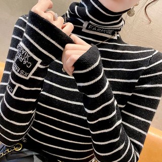 스타일아유 여성 스트라이프 하이넥 슬림핏 니트 티셔츠 가을겨울 따뜻한 데일리 이너 상의 KN2211