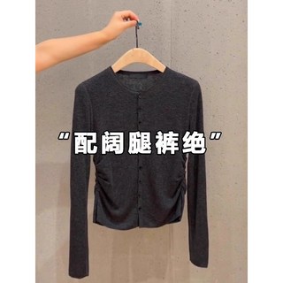 韓系早秋穿搭 微胖MM顯瘦收腰 長袖深灰內搭打底上衣女