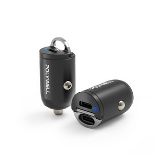 POLYWELL 雙Type-C 27W迷你車用充電器 PD快充 車充 快充頭 BSMI認證 隱藏式設計 帶LED, 黑色