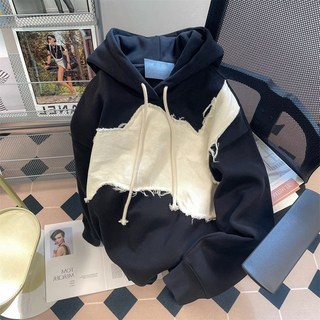 美式復古貼佈拼接加絨加厚連帽衫，寬鬆潮牌男女款秋冬季外套