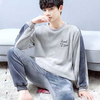 秋冬新款睡衣男冬季法蘭絨套裝加絨加厚雙面絨青少年套頭冬款家居服男