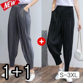 YLEMI 1/1+1 여름 레저 스판 플리츠 밴딩 조거 팬츠 여자 루즈핏 주름 와이드팬츠