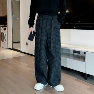 체크바지 남성바지 겨울용 모직라이크 남자편한 세미와이드 벨트 팬츠
