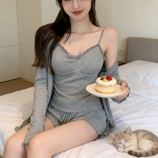 Novah 여름 캡내장 잠옷 세트 여성 실내복 반바지 나시 가디건