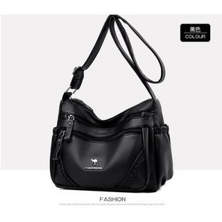 真皮包包女 2023新款 百搭單肩斜挎包 軟皮包 韓版 大容量手提包 中年女包, 黑色