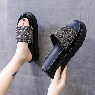 女 Summer 防滑厚底松糕拖鞋 一字型百搭水鑽增高 沙灘鞋 拖鞋