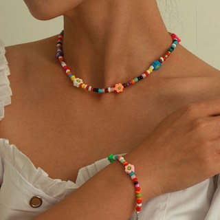 티큐 여성 바캉스 여름 스마일 플라워 컬러 비즈 목걸이 팔찌 세트 A2243