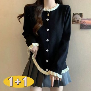 1+1 빅사이즈 여자 배색 버튼 라운드넥 긴팔 티셔츠 가을겨울 프릴 긴팔티 이너티