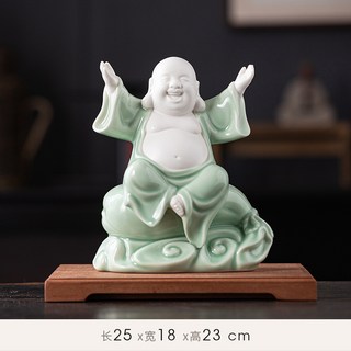 陶瓷彌勒佛擺件招財笑佛新中式禪意客廳玄關博古架辦公室裝飾桌面, 大歡喜[青瓷]布袋彌勒+木座