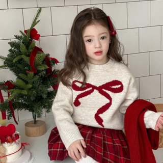 [당일발송] 키키클로젯 돌 아기 유아동 키즈 주니어 남자 여자 아이 겨울 크리스마스 라운드넥 빨간색 레드 리본 오트밀 베이지 니트 스웨터 풀오버 맨투맨