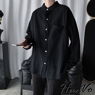 HanVo 男款簡約立領工裝襯衫外套 百搭純色潮流舒適襯衫 韓系休閒日常男生衣著 B02-2015
