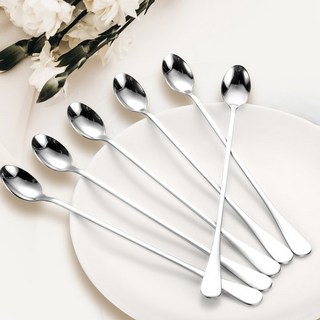 6Pcs 스푼 긴 손잡이 믹싱 디저트 칵테일 아이스크림 음료 스테인레스 포크 실버 커피 서빙