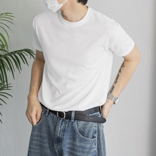 [1+1] 폴리 스판 루즈핏 무지 라운드 반팔티