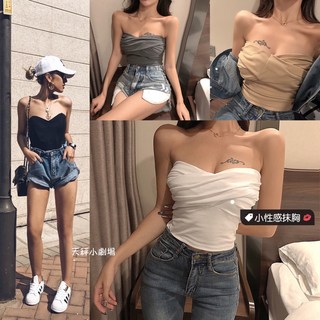 歐美抓皺露肩短版小背心 交叉皺摺平口抹胸