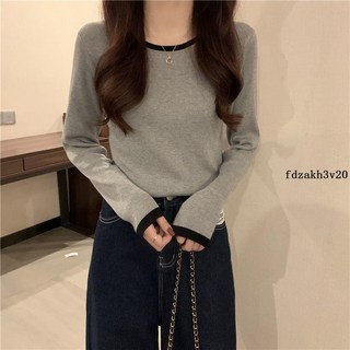 正肩長袖T恤女春秋薄款撞色打底衫 - 修身顯瘦百搭內搭上衣