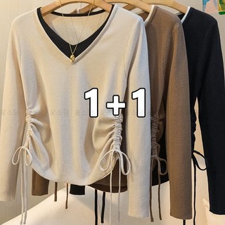 꽃소담 1+1 빅사이즈 레이어드 V넥 여성 겨울 골지 약기모 긴팔 티셔츠 스트링 데일리 겨울티 이너티 2p MAL848