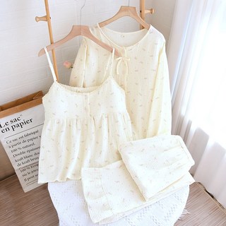 여성 파자마 100% 순면 패드 상하의 나시 쓰리피스 세트 실내복 잠옷 3종 세트