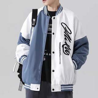 藍白拼色棒球服 男港風ins 潮流寬鬆 撞色刺繡夾克 春秋薄外套 學生潮流
