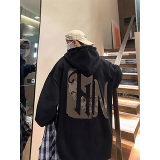 日系潮牌加絨連帽衛衣，男款秋冬加肥加大尺碼，寬鬆慵懶風運動外套
