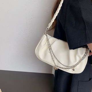 小清新雲朵腋下包 小眾設計褶皺單肩包 女斜挎質感鏈條編織手提包, 奶油色