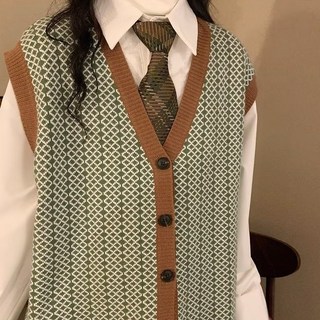 秋冬復古毛衣馬甲開衫拼色針織衫背心潮牌ins寬松無袖外套 男女不拘S 3XL 淺綠色背心