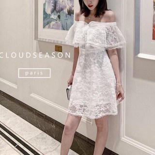 雪莉小姐 名媛重工質感亮片露肩洋裝 氣質一字蕾絲小禮服, 紫M