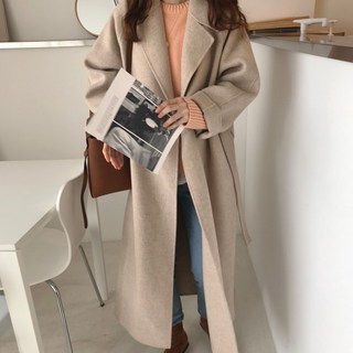 梨卡 氣質款毛呢中長版綁帶外套 - 甜美寬鬆立領仿羊毛呢西裝風衣長大衣【現貨24H】