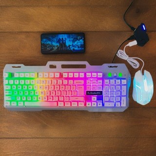 電競遊戲鍵盤滑鼠套裝，有線發光，適用安卓蘋果平板，吃雞神器, 1個, 蝰蛇白色金屬+游戲魔盒MIX Elite