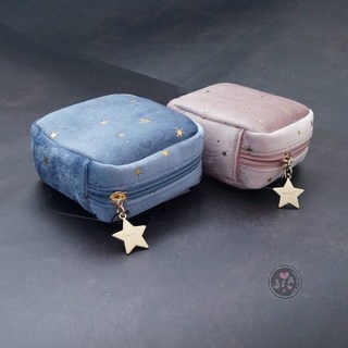 絲絨燙金星星拉鍊式小方包 隨身包 化妝包 衛生棉包 首飾包 粉/藍色
